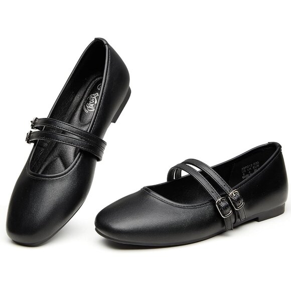 Trary Women Black Polyurethane (PU) Square Toe Slip On Buckle Strap Ballet Flats - Picture 1 of 6